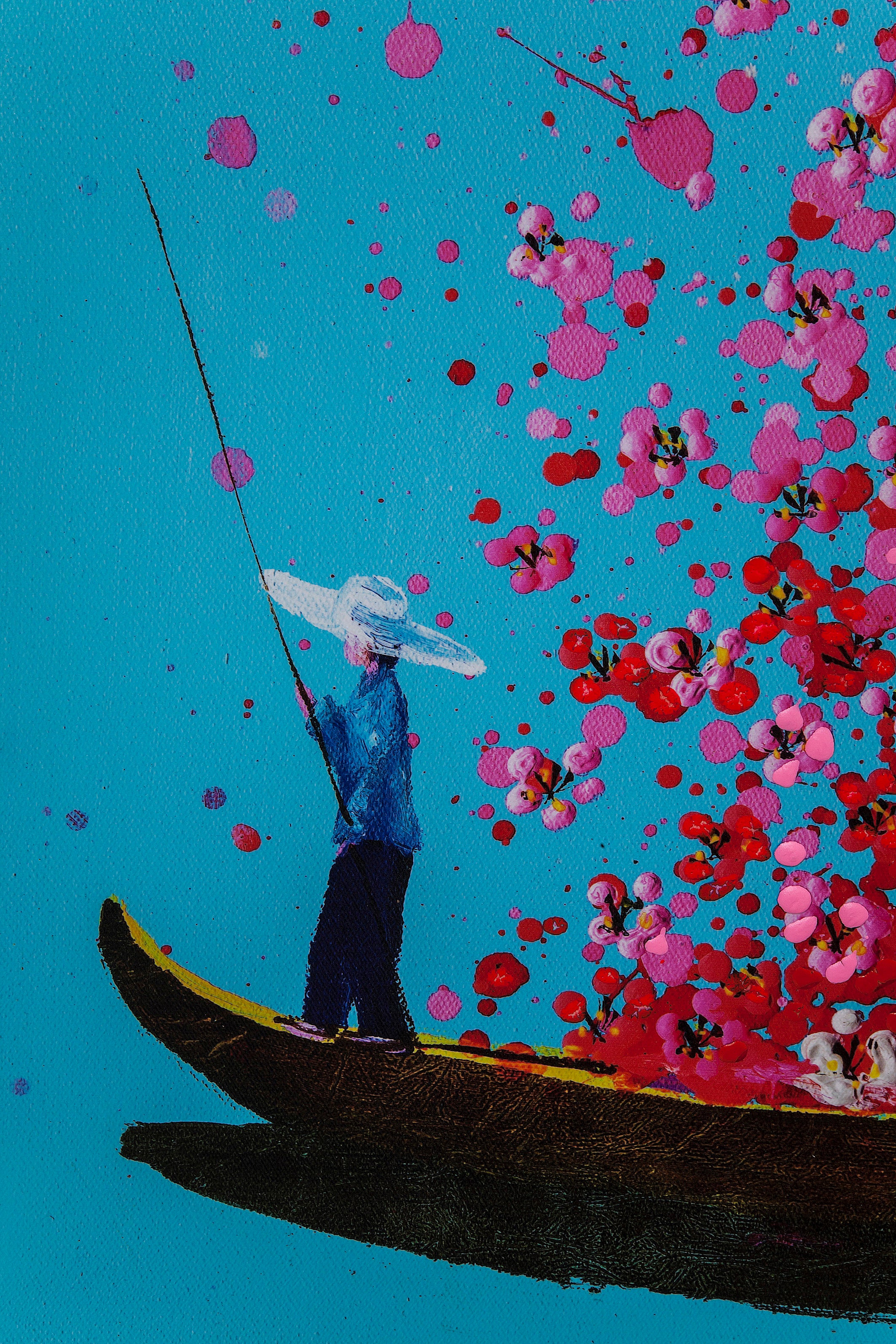 Kare - Canvas Picture Flower Boat Blue Pink 120x160cm